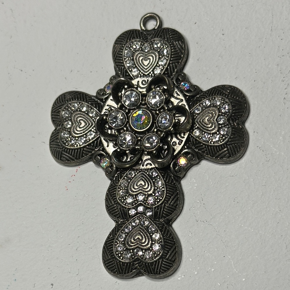 Vintage Silver toned Aurora borealis Heart Cross Pendant